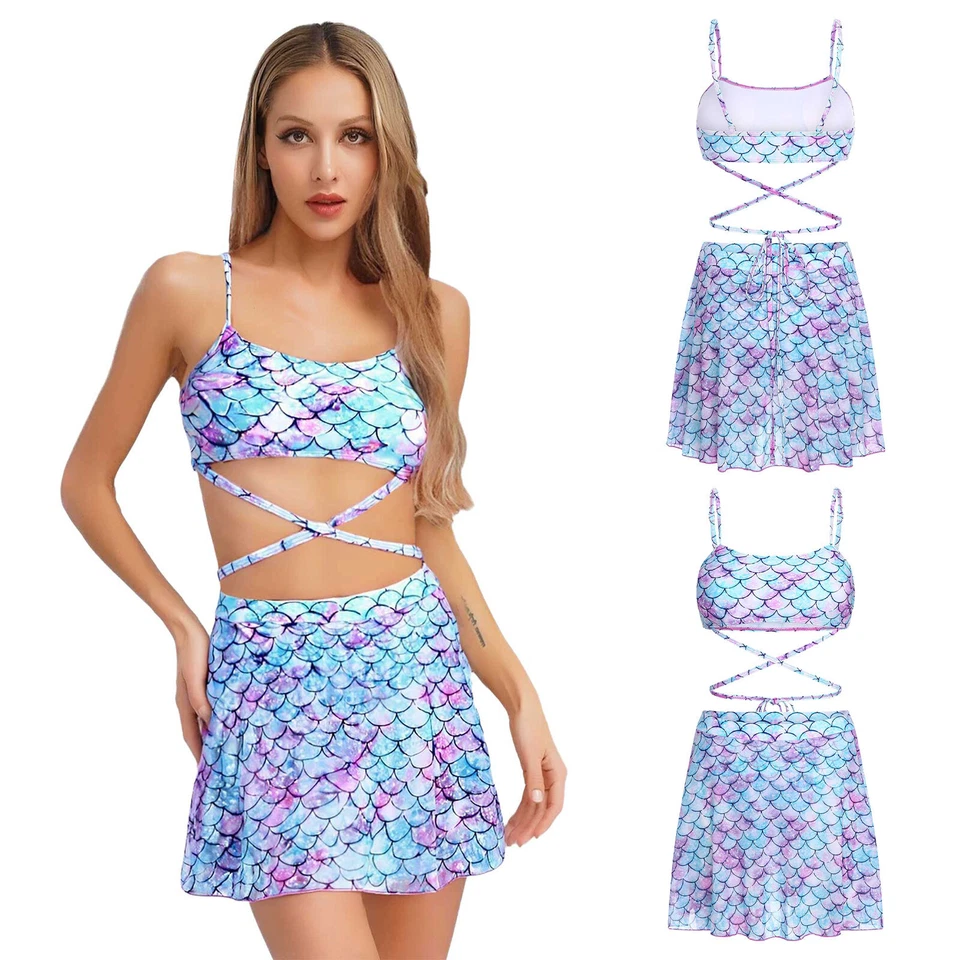 DE Frauen Zweiteiliger Meerjungfrau Badeanzug Tankini mit Schwimrock Bikini - Bild 4 von 4