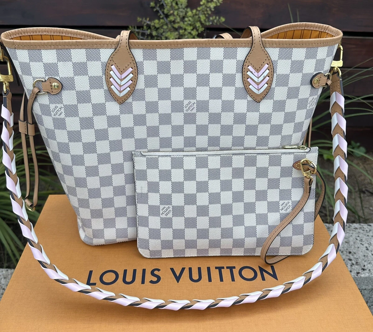 Rare! Louis Vuitton Damier Azur Neverfull MM SL Rose Pink Braided Strap!