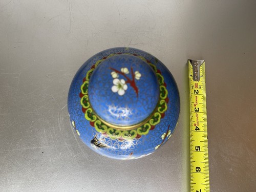 Vintage Cloisonné Floral Birds Ginger Jar W/Lid Blue Enamel Lining #2 - Picture 8 of 9