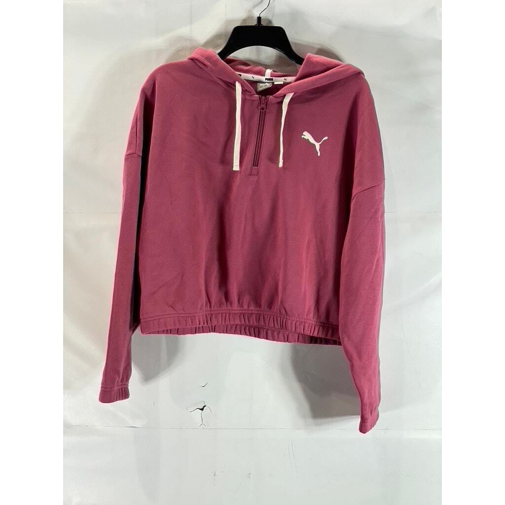 PUMA Women's Pink Logo Half Zip Cropped Dropped Shoulder Pullover