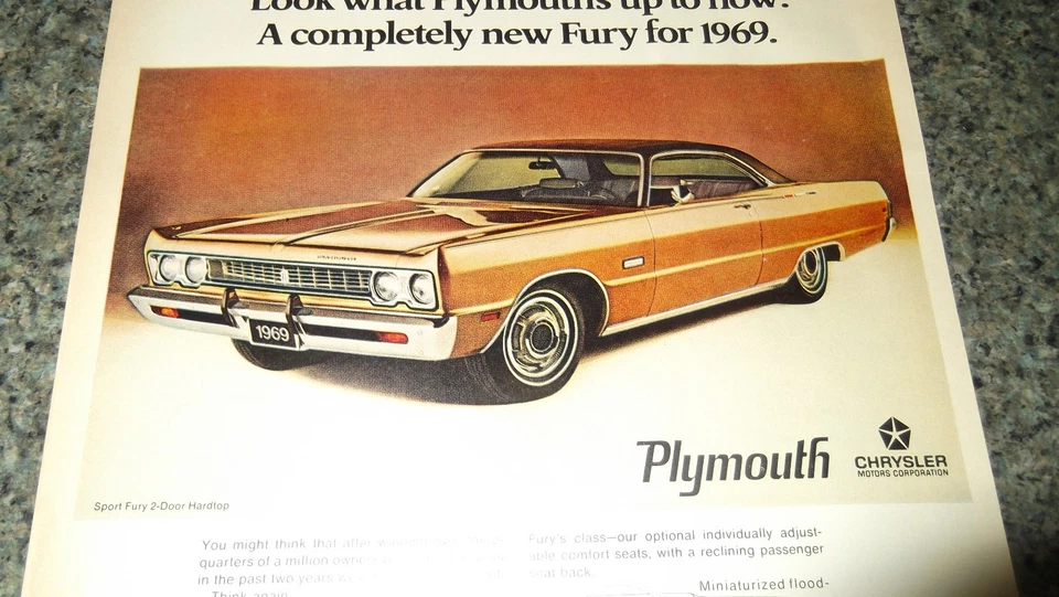 1969 PLYMOUTH FURY ОРИГИНАЛЬНЫЙ ВИНТАЖНЫЙ БОЛЬШОЙ РЕКЛАМНЫЙ ПРИНТ ОБЪЯВЛЕНИЕ 69 MOPAR★★ - Изображение 2 из 2