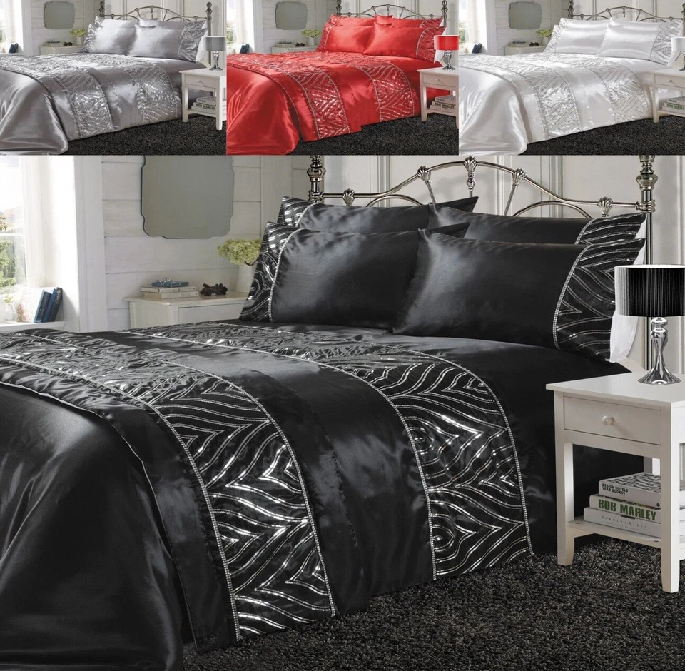 Shimmer Duvet Cover & Pillowcase Set Diamante Stitched Sequin Satin Silk Bedding