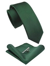 2.4" Solid Color Skinny Tie and Pocket Square with Tie Clip Sets Dark Green