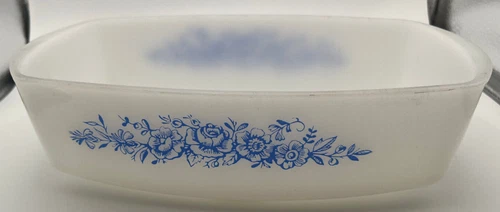 Vintage Federal Glass Baking Dish Blue Roses Milk Glass Casserole Serving Dish