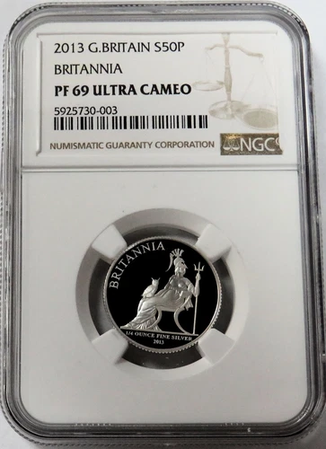 2013 SILVER GREAT BRITAIN 50 PENCE BRITANNIA 1/4 OZ PROOF COIN NGC PF 69 UC