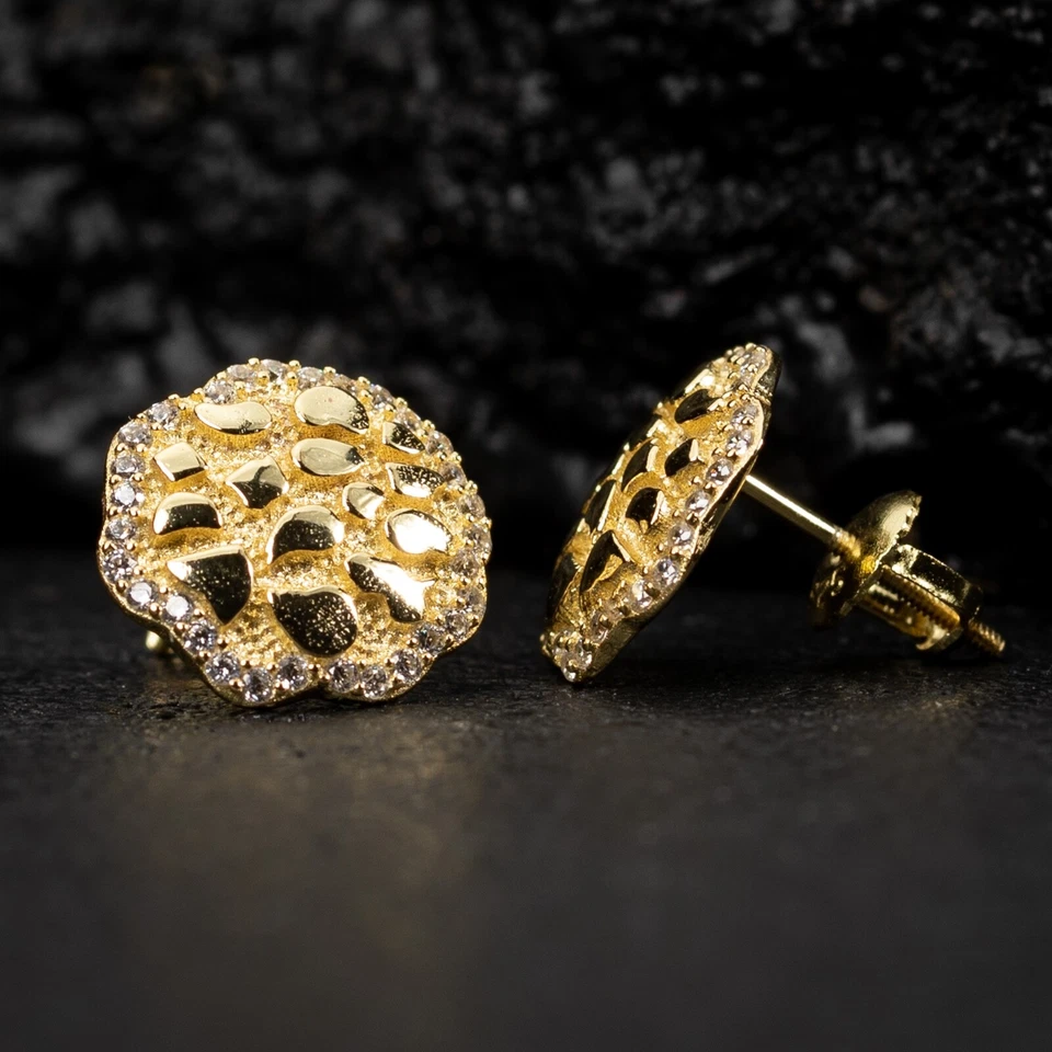 镀黄金男式圆形纯银嘻哈金块耳钉 — 第 4/4 张图片