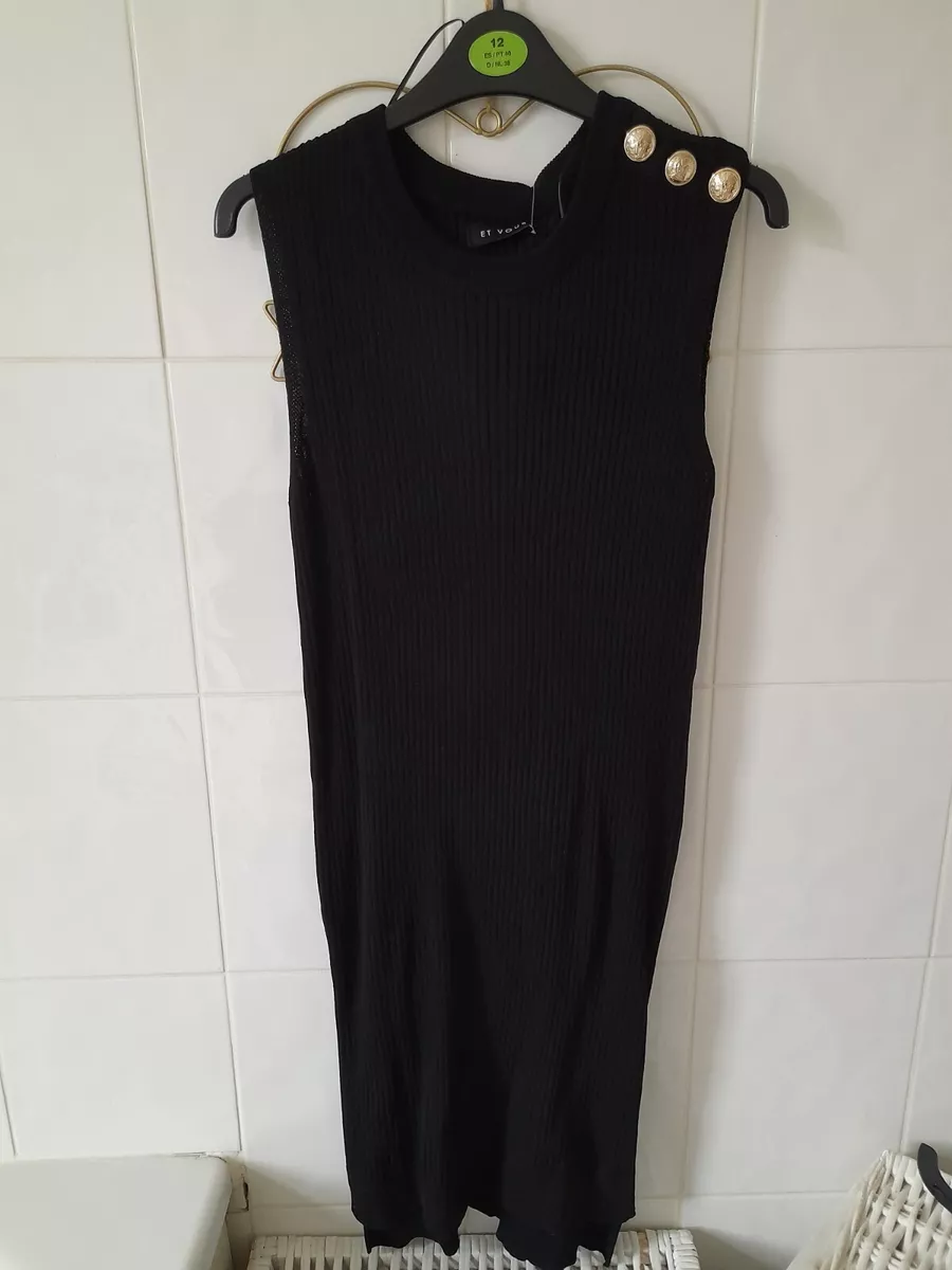 Matalan Et Vous Black Ribbed Military Button Shoulder Jumper Dress Size 8  10 S