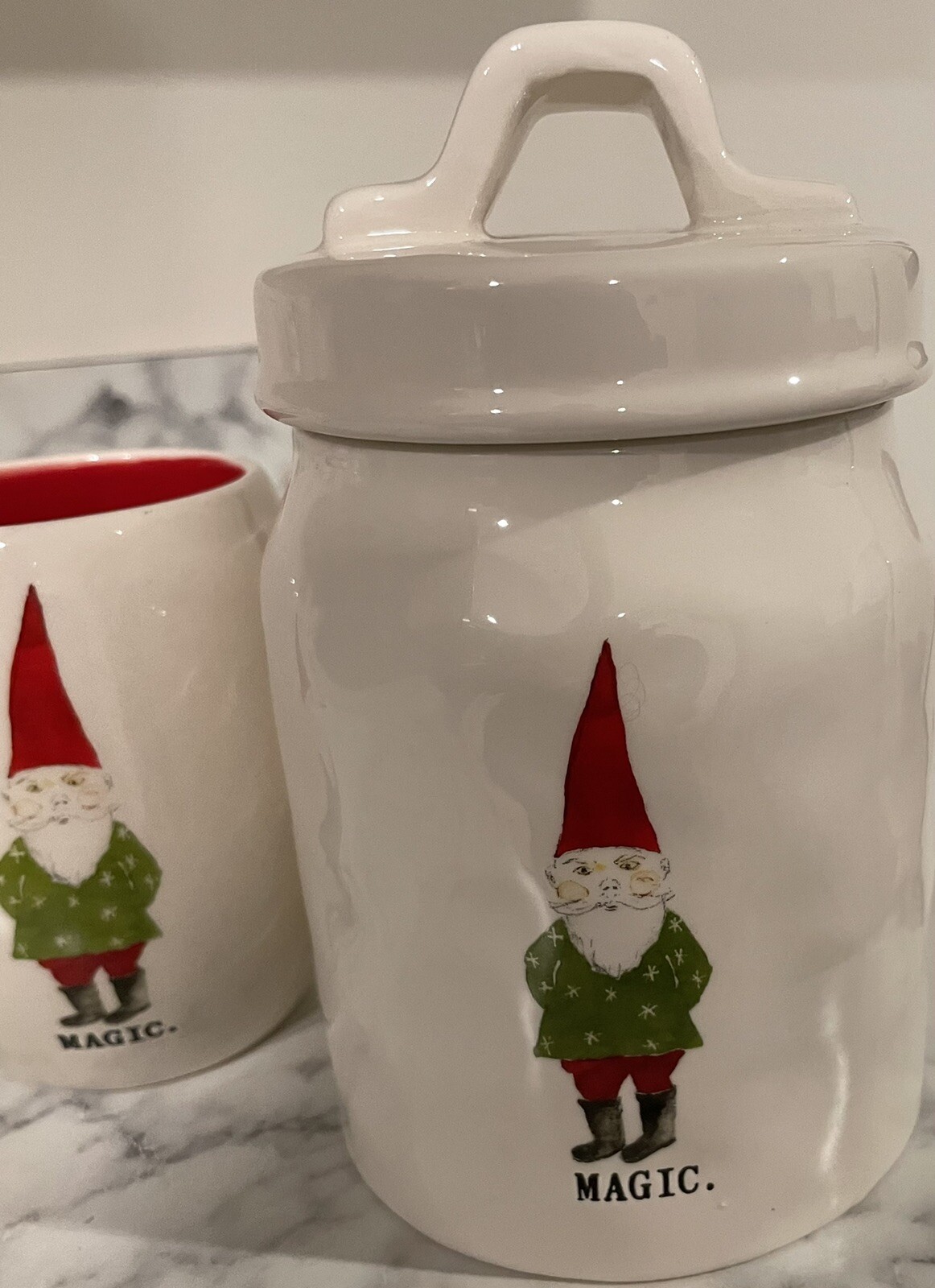 Rae Dunn 2017 Gnome Canister 4pc Mugs Set MAGIC MERRY MISCHIEF