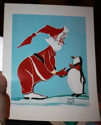 Vernon Grant art Large Christmas Card Print with Santa Claus & Penguin 1980's