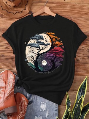 Women Yin Yang Tree Of Life Graphic T-Shirt Spiritual Casual Crew Neck Tee Top