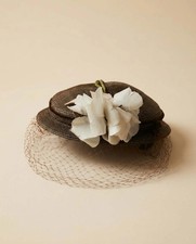 Vintage Evelyn Varon Modes Veiled Pillbox Hat, Brown Straw Cocktail Hat, White