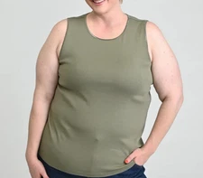 CJ Banks Size 1X Olive Green knit top, satin trim, sleeveless NWT