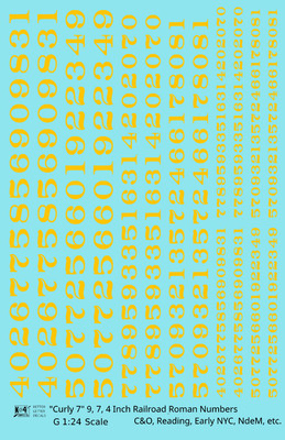 K4 G 1:24 Scale Decals Reading, NYC, C&O, NdeM Car Numbers Yellow 9, 7 & 4'' 