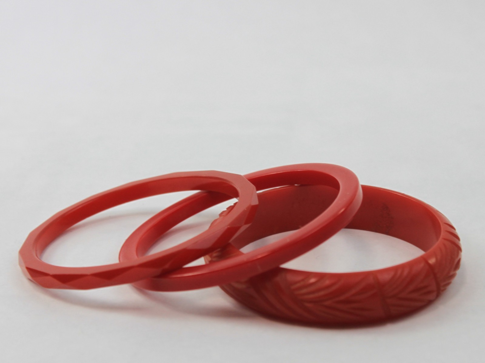 Bakelite Bangle Stack Set Red Flat Sided Carved a… - image 2