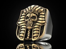 Men's 925 Sterling Silver Egyptian Skull Ring Gothic Pharaoh Biker Punk