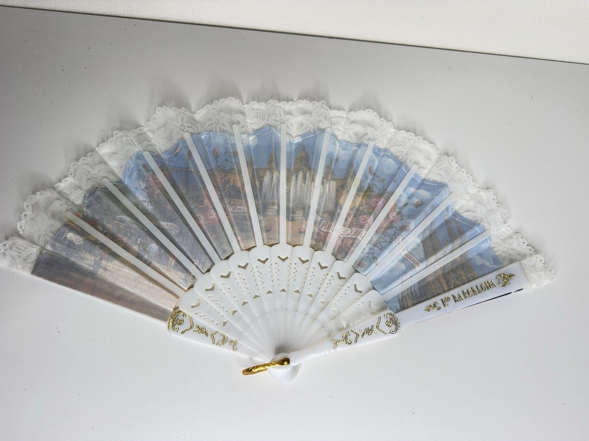 Barcelona Souvenir Folding Hand Fan White Lace Scenic Decorative View 2