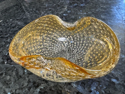 Vtg MCM MURANO ART Yellow GLASS Ashtray DISH BOWL Gold Silver Flecks Bullicante