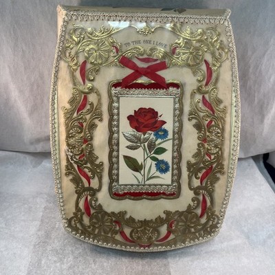Antique Handmade Stitched Ephemera To One I Love Greeting Card Trinket Box