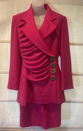 Abito gonna blazer CHRISTIAN DIOR lana fucsia increspato ~ splendido Bttns ~ Numbrd ~ FR40