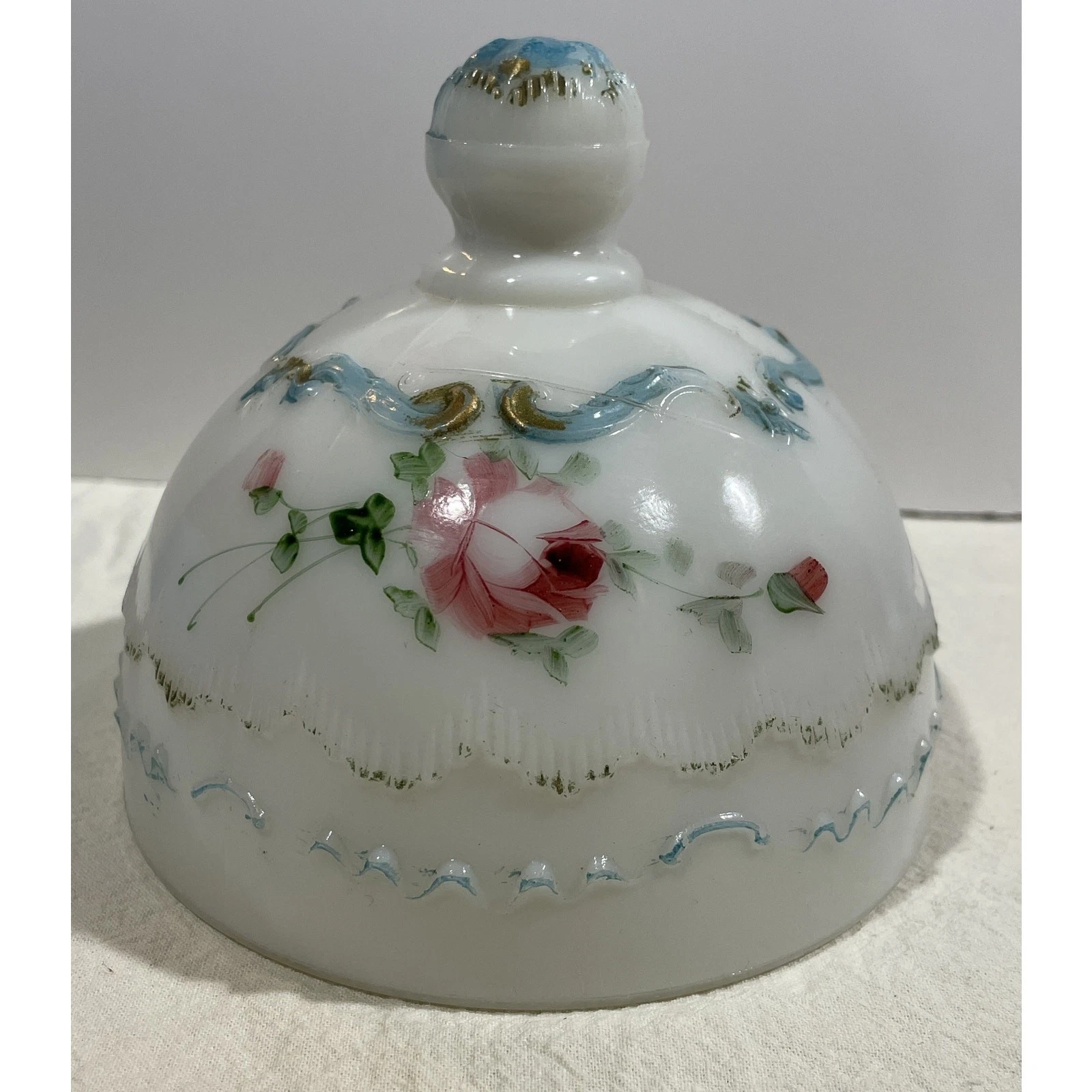 Vintage Hand-Painted Floral Milk Glass Butter Dish Lid Westmoreland? Dithridge?