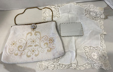 Vintage Hand Made in France Beaded Purse Gold Tone Metal Accent Floral Mirror