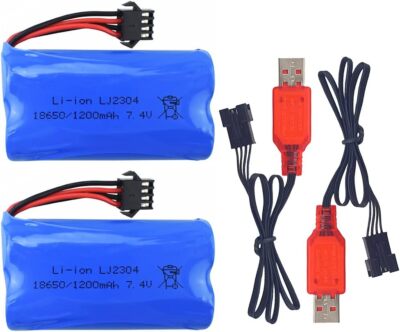 2PCS 7.4V 1200mAh Lithium Battery with SM 4P 4 pin Plug USB Charging Cable