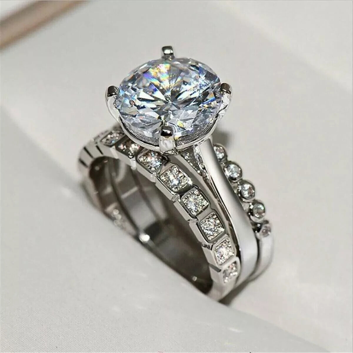 3Ct Round Lab Created Diamond Engagement Bridal Ring Set 14k White Gold ...