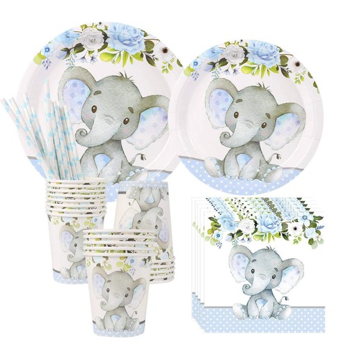 Blue Elephant Baby Shower Party Supplies - Serves 24 Includes Dinner Plates A...