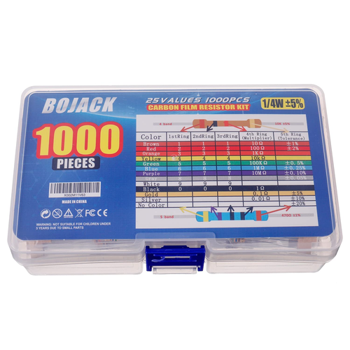 BOJACK 1000 Pcs 25 Values Resistor Kit 1 Ohm-1M Ohm with 5% 1/4W Carbon Film Res - Picture 3 of 12