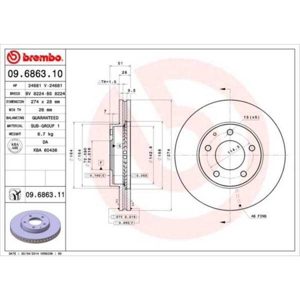 Brembo 2X Bremsscheibe Vorne 274 InnenbelüFtet FüR Mazda Mpv Ii Lw Xedos-image