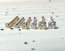 14kt White or Yellow Gold Clear Gem Nose Stud, 18 gauge 18g or 20 gauge 20g 