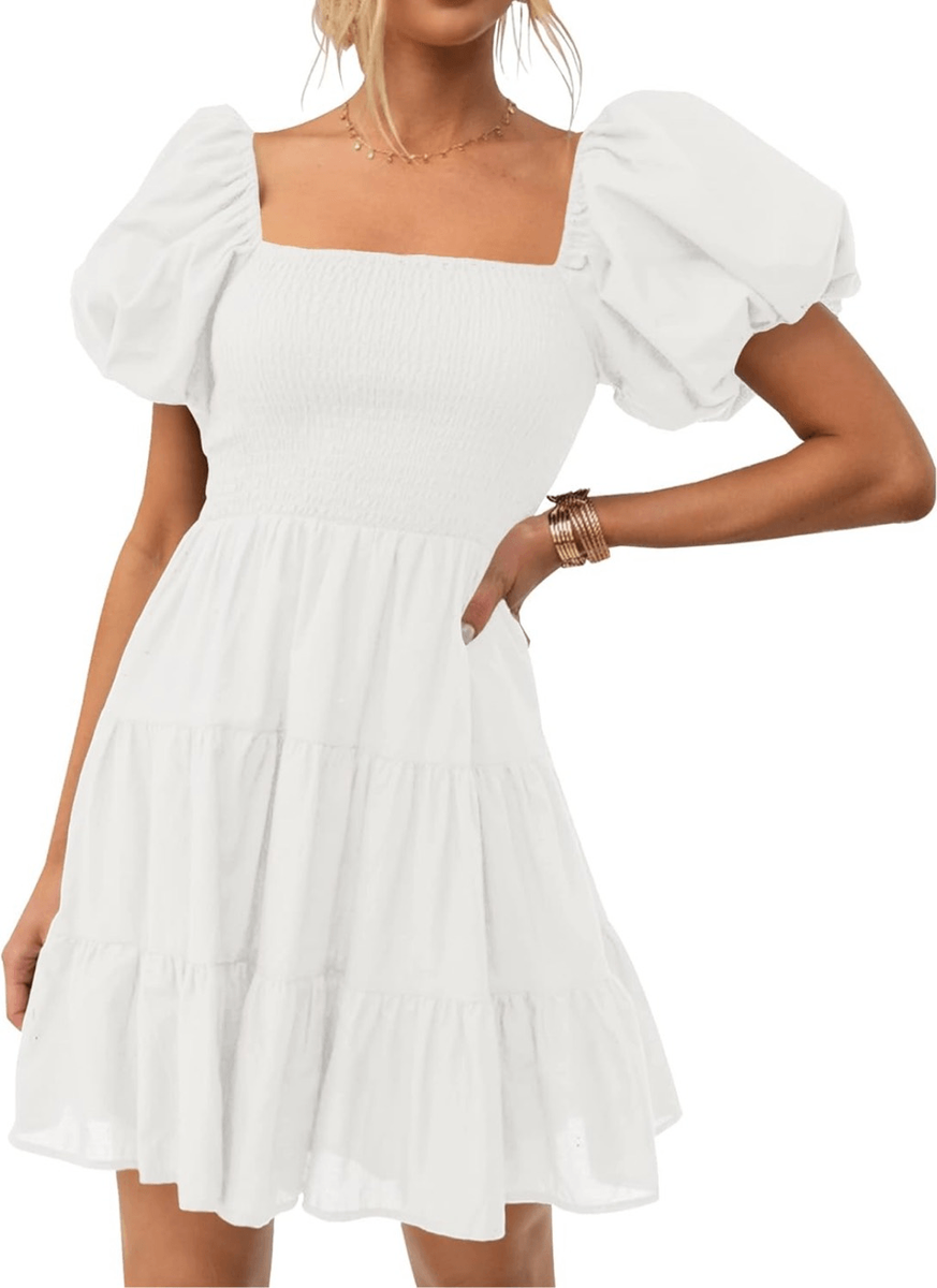NEW Square Neck Puff Sleeve Off Shoulder Smocked Tiered Mini