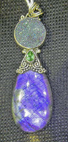 Unique Fine Balinese Blue Labradorite Pave & Tear Drop Peridot Pendant Sterling