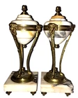 Lot pair marble veined and bronze casseroles Kaminuhr clock pendulum rooster ≃ 24 CM