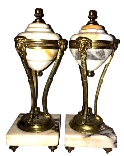 Lot pair of veined marble and bronze casseroles Kaminuhr clock pendulum rooster ≃ 24 CM