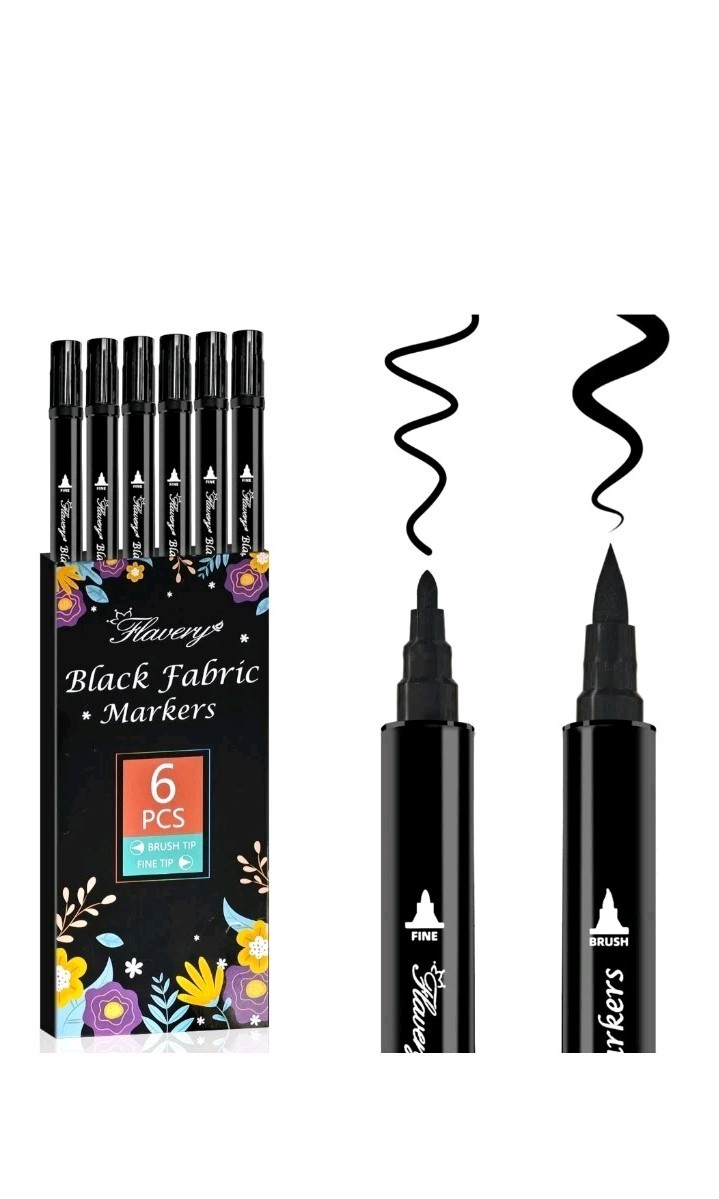 Black Fabric Markers 6 Pack - Dual Tip Fabric Markers for Clothes, Permanent