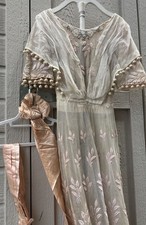 Antique Edwardian Dress Embroidered Net Gown Beaded Tiered 1900s Floral