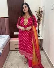 Gosriki Women'S Rayon Blend Printed Straight Kurta With Pant & Dupatta (Subhi...