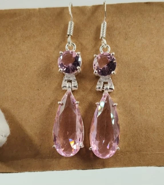 Pink Kunzite Gemstone Handmade 925 Sterling Silver Jewelry Earring Size-1.65" Foto 2 de 4