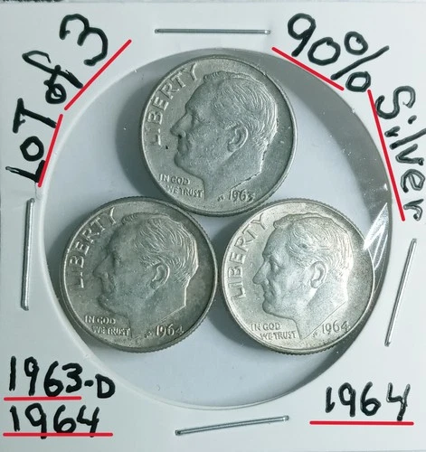 Roosevelt Dimes 90% Silver Vg Codition 1963-D1964-1964 Look @ & Judge Real Gem**