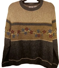 VINTAGE Fashion Bug KNIT Sweater EMBROIDERED Floral LEAVES Fall Colors Y2K Sz M