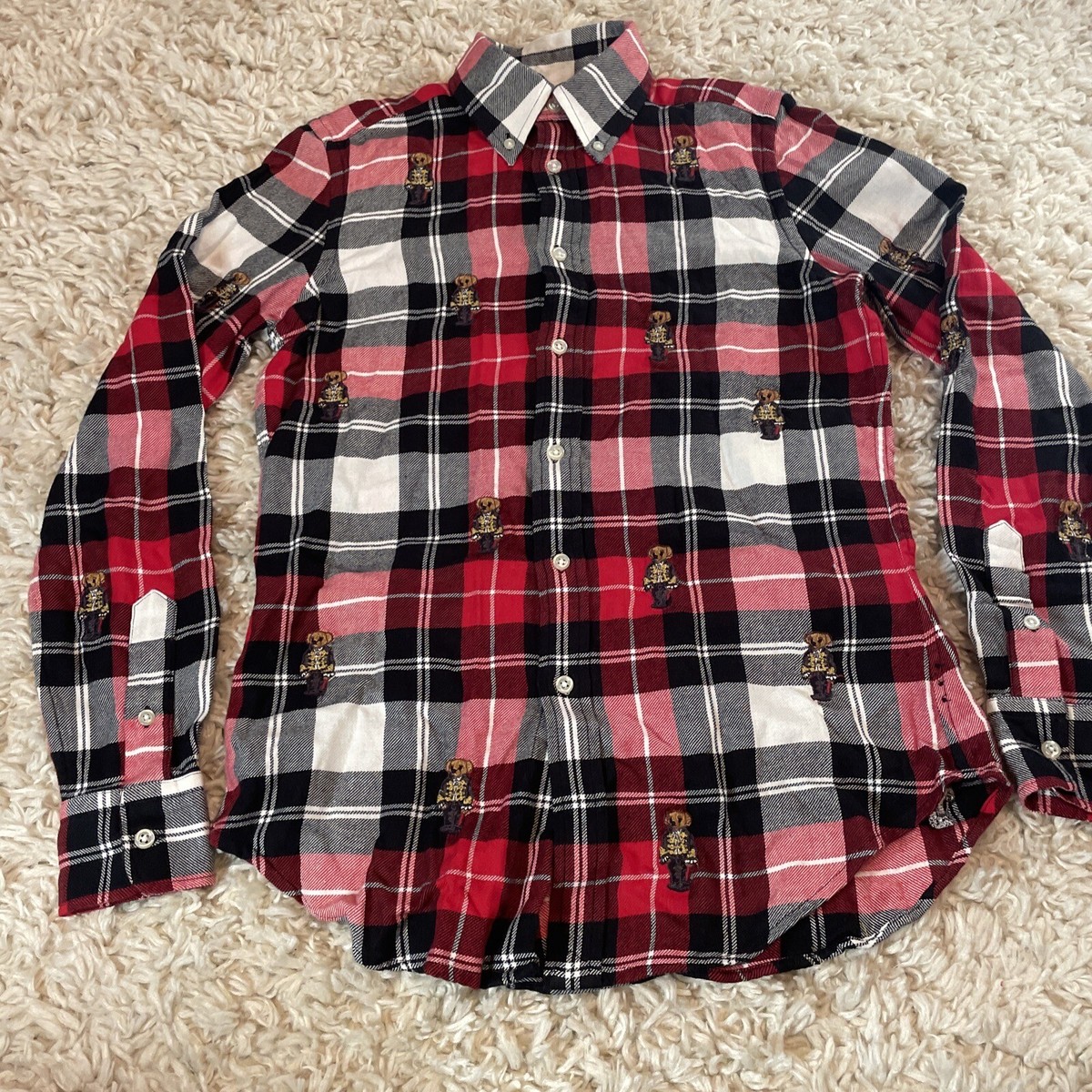 Women's Polo Ralph Lauren Plaid Cotton Allover Holiday Bear Flannel Size XS  $198