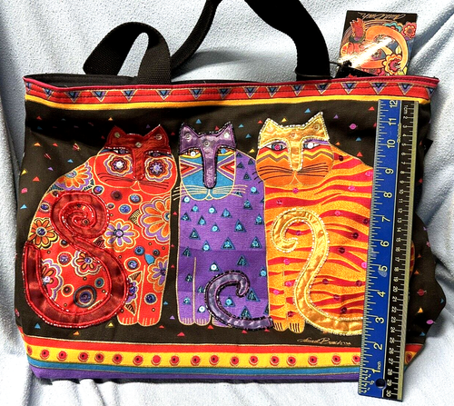 LAUREL BURCH Feline Friends Cat Beaded Lg. Tote Bag Purse Black Multi NWT #LB771 - Picture 4 of 11