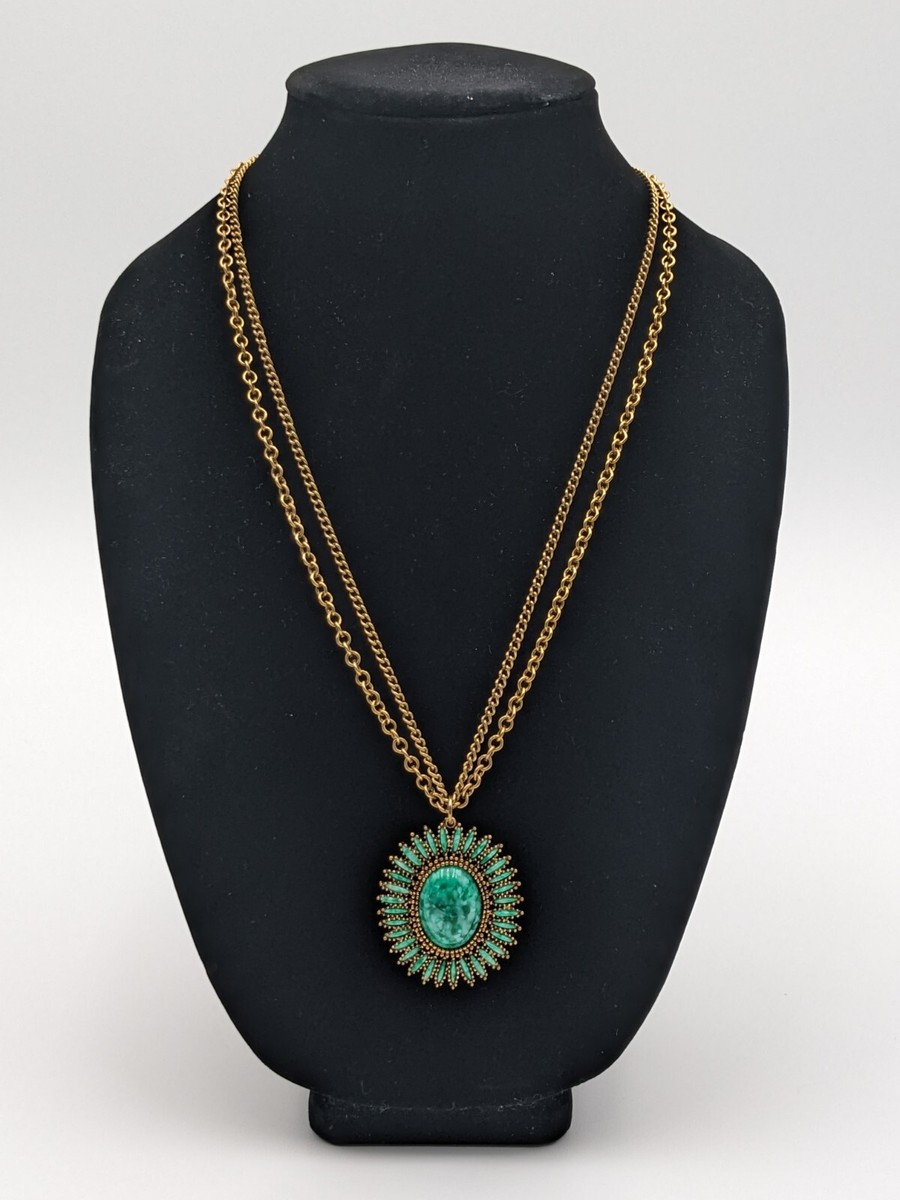 Vintage Faux Green Jade Pendant Necklace Signed Celebrity Gold