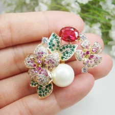 Luxurious Multi-color Peony Flower Pearl Woman's Brooch Pin Zircon Crystal Gifts