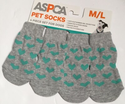 ASPCA SET 4 PET SOCKS   HEARTS DESIGN DOG SOCKS  Gray/Aqua Non Slip  M/L NWT