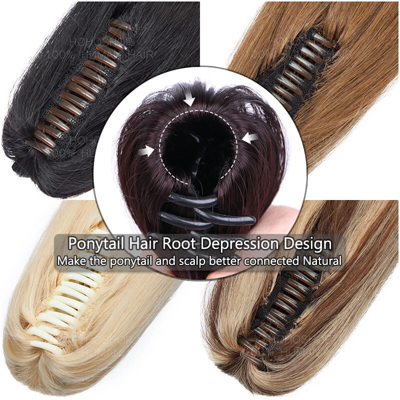 GRUESO Garra de Cabello Humano Real Cola de Caballo Clip en Extensiones de Cola de Caballo Remy Rectas Foto 4 de 4