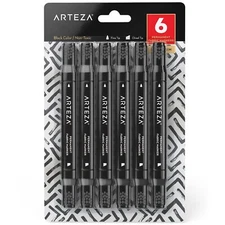 Arteza Fabric Markers | Black | Chisel & Fine Tip Dual-Tip - Pack of 6
