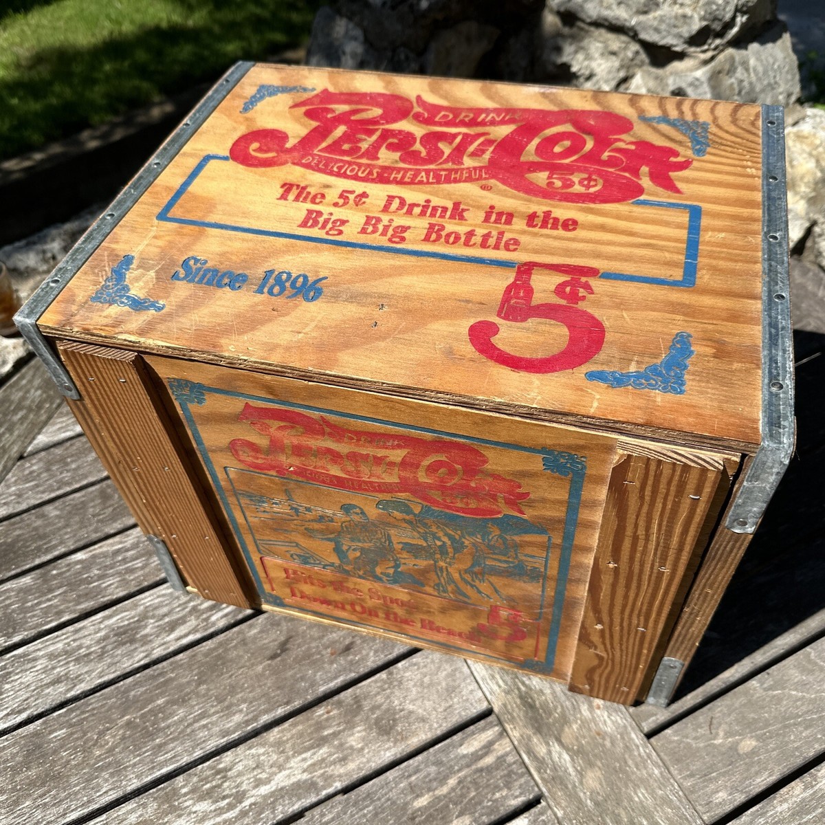 ORIGINAL PEPSI-COLA Wooden Advertising Crate w/ Lid 5 Cent Vintage