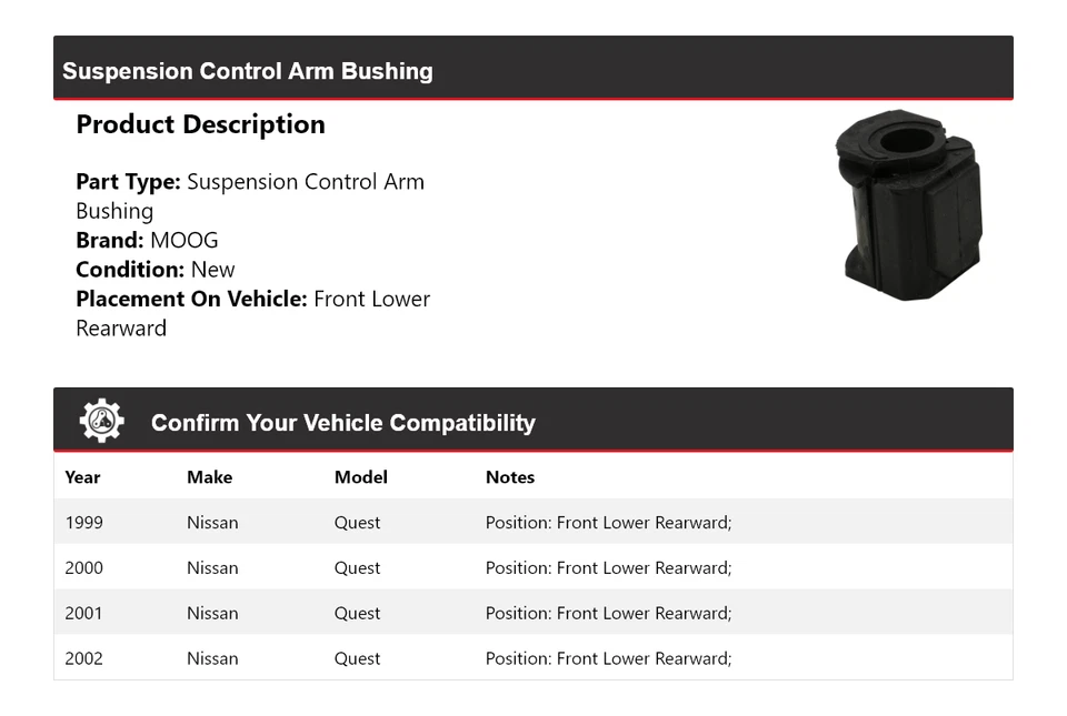 Buje de brazo de control de suspensión para Nissan Quest 1999-2002 MOOG 1999 2000 2001 Foto 2 de 4